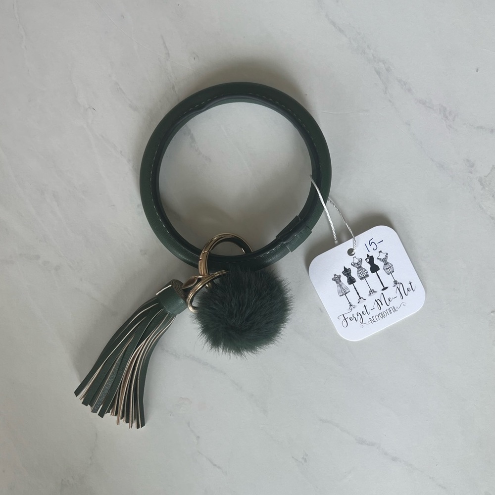 Green Leather Bracket Keychain with Pom